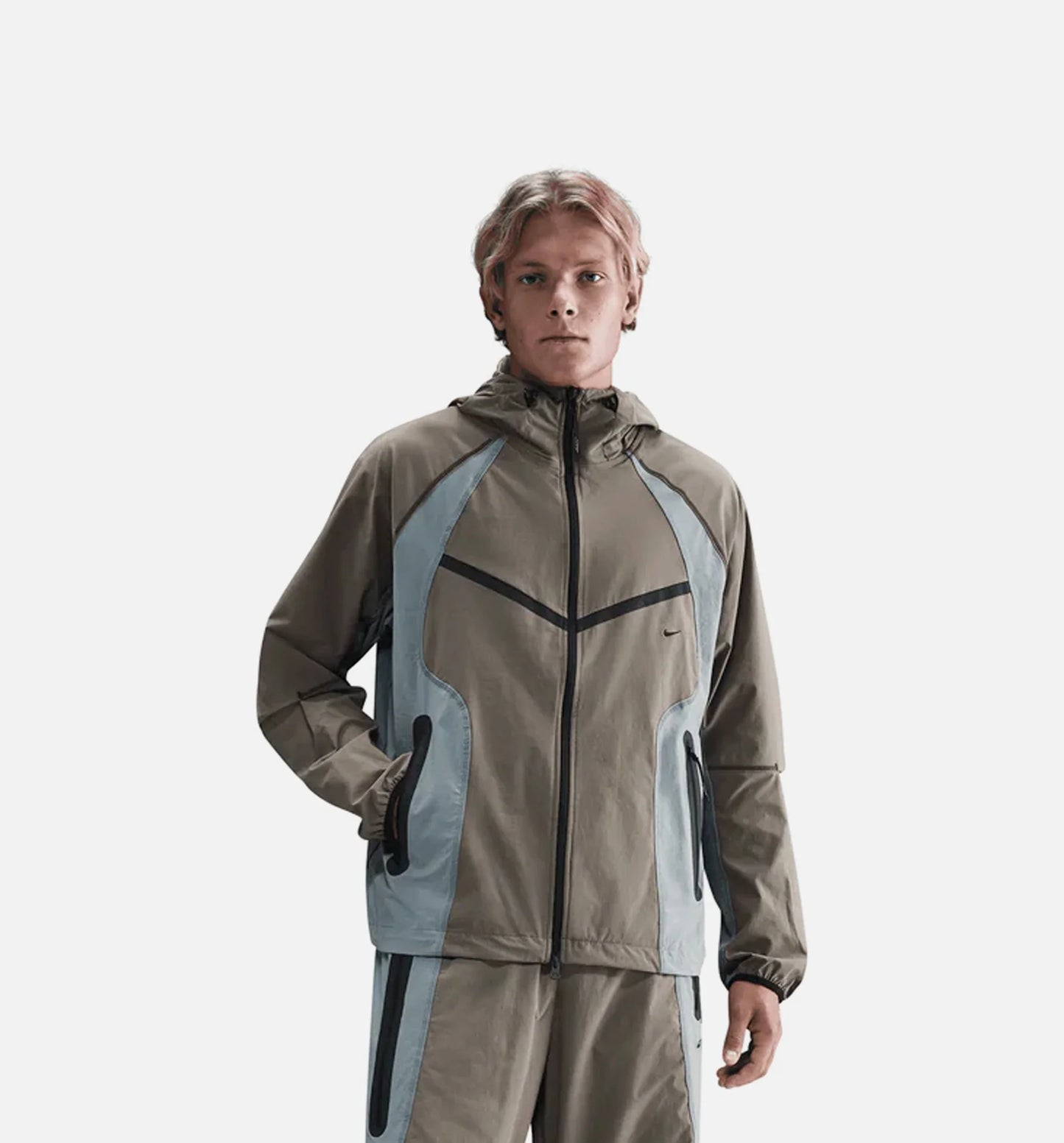 Tech Dri Fit Woven Color Block Windrunner Loose Mens Jacket Cave Stone Cool Grey Black