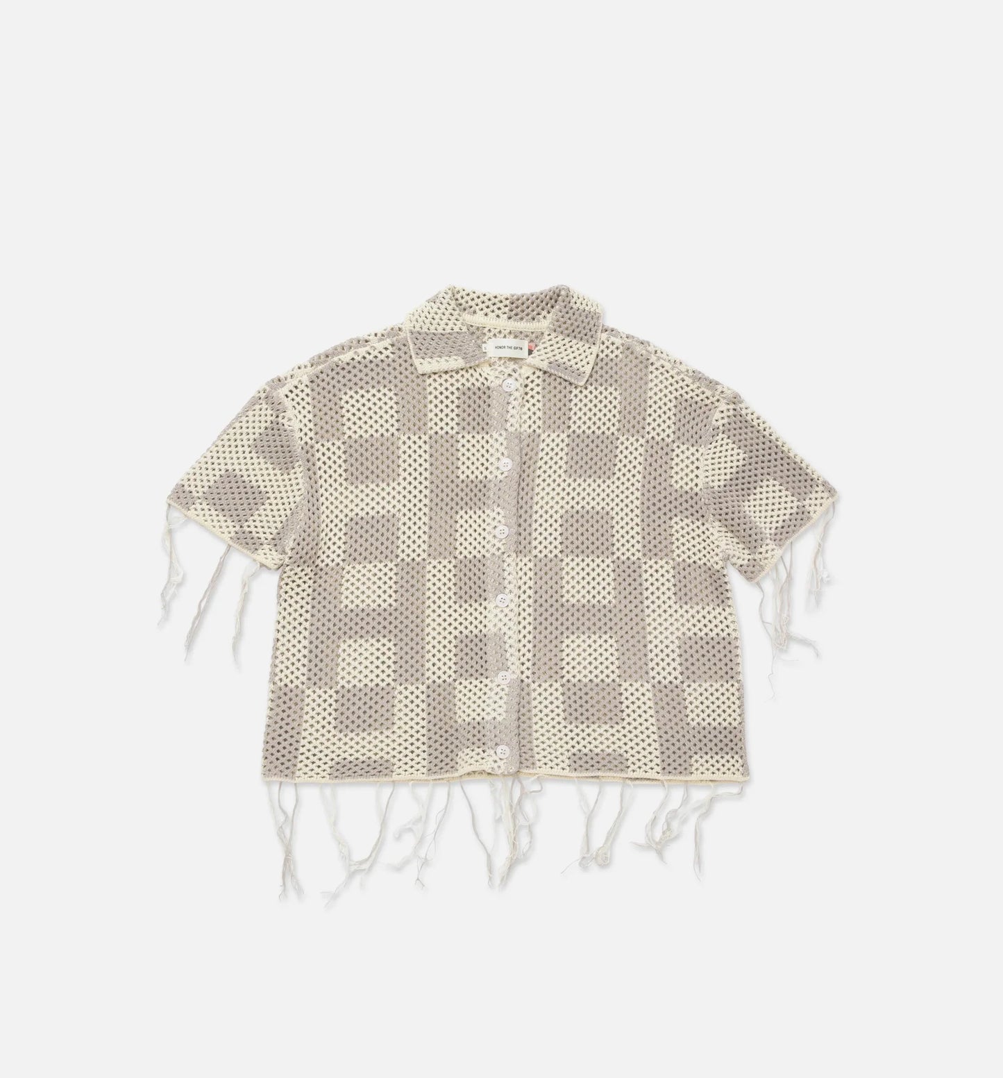 Crochet Button Down Mens Short Sleeve Shirt Stone