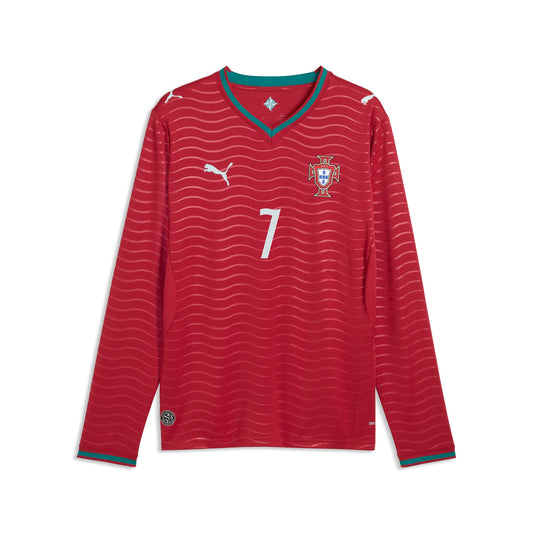 PUMA Portugal Home Long Sleeve Cristiano Ronaldo CR7 Mens Soccer Jersey Red Green Lagoon
